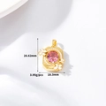 Detailed view of a gold square pendant with pink gemstone and white enamel flowers - Pink Oval Gemstone Floral Style (H-11987) / Gold