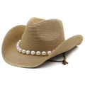 Stroh-Westerncowboyhut mit Perlenkette und verstellbarem Kinnriemen für Damen - M (56-58cm) / Khaki