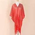 Elegante scialle rosso con scollo a V da donna, orlo con frange e tessuto a maglia luccicante - Rosso