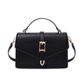 Minimalist black faux leather crossbody bag with top handle and U-shaped gold buckle - Black