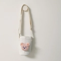 Quilted white cotton water bottle bag with pink plush bear head and adjustable strap - White/Pink Bear