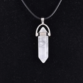 Clear white quartz crystal hexagonal point pendant necklace with black cord strap - White Crystal