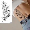 Sketch style black and white rose floral tattoo sticker for waist on human skin - Pattern BK-034