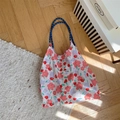 Floral fabric tote bag with red-purple flowers and blue braided rope handles - Pink Purple Small Flower