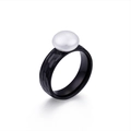 Hammered black stainless steel ring featuring a large white pearl in a modern style - Black 6mm Wide (KR46195-K)