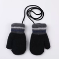 Children's warm knitted mittens in black with grey and blue striped cuffs and neck string - 1-3 Years / Striped Cuff Lanyard Style / Black