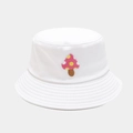 Detailed close-up of pink mushroom embroidery on a white cotton bucket hat with parallel stitching - M (56-58cm) / Cute Mushroom White
