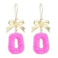 Detail of gold bow earrings with pink oval pendants featuring intricate 3D rose textures - Rose Bowknot Oval Style (S18) / KC Gold / Rose Red