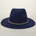Macro shot of navy wool fedora with brown braided band and silver metal stud details - M (56-58cm) / Navy Blue
