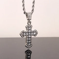 Silver iced-out cross necklace with sparkling zircon stones and hip-hop pendant style - White / Twist Chain 60cm