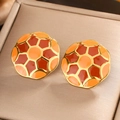 Luxurious 18K gold plated titanium steel soccer pattern enamel stud earrings for women - Gold E-327 (Orange/Brown-red)