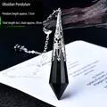 Natural black obsidian hexagonal prism pendulum necklace with silver floral cap and chain - Obsidian with Double Bead Pendulum Chain