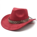 Red faux suede western cowboy hat with ethnic braided band and vintage metal bull buckle - M (56-59cm) / Red Suede