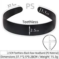 2.5cm wide black plastic headband variant with smooth PS material and size specifications - 2.5CM Non-toothed Black Plain