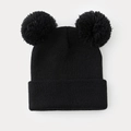 Bonnet en tricot noir mignon pour femmes avec deux pompons en fausse fourrure douce - Noir