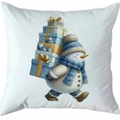 Kerstkussenhoes met sneeuwpop, blauwe sjaal en gouden geschenken op wit linnen - Stijl 4