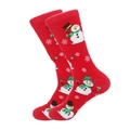 Red Christmas crew socks with white snowman and snowflake patterns in cotton knit - One Size / Red Snowman