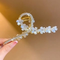 Elegant 11cm large golden metal floral hair claw clip with shimmering rhinestones for women - Double Row Pearl Floral Claw Clip