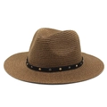 Brown straw panama hat with black studded band and flat brim for outdoor sun protection - M(56-58cm) / Brown
