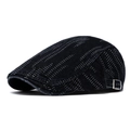 Dark blue denim newsboy cap with silver geometric stitching and adjustable buckle - Black Geometric Dotted Line Style
