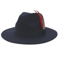Detail of dark blue wool fedora hat featuring classic ribbon and colorful feather accent - M (56-58cm) / Navy Blue (Matching Feather)