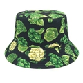 Detailed close-up of a black bucket hat featuring green broccoli and cabbage patterns - M (56-58cm) / Black