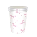 Dettaglio dei bicchieri in carta con fiocco rosa per decorazione festa di compleanno - Bicchieri di Carta Bianchi