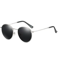 Retro round polarized sunglasses with silver metal frame and black lenses in side view - Silver Frame Black Gray Lens (Polarized) C8