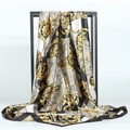 Retro black and gold baroque print satin square silk scarf displayed on a metal stand - Vintage Totem
