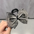 Elegant black mesh bow hair claw clip with sparkling silver rhinestone accents - Rhinestone Ribbon / Gray