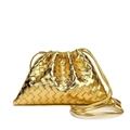 Elegant gold woven leather bucket bag with drawstring closure and fine shoulder strap - Gold