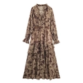 Abito lungo bohémien in chiffon paisley marrone con scollo a volant e cintura in pelle - XS / Marrone