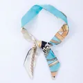Sky blue and beige narrow silk scarf with vintage gold chain and buckle print - X22-Multi