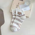 White cotton ankle socks with brown stripes and a cute capybara pattern with fruit - One Size / Striped (Capybara Pattern)