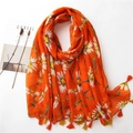 Long bright orange daisy print cotton linen scarf with tassels and fringe details - Bright Orange Daisy Style (SL2006-017)