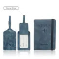 Navy blue PU leather passport holder and luggage tag set with embossed airplane logo - Sea Blue Set / Aqua