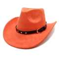 Détail d'un chapeau de cowboy orange avec bande en cuir noir et rivets métalliques dorés - M (56-58cm) / Orange