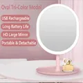 Pink LED makeup mirror with oval three-color dimmable lights and USB charging base - Oval Shape / Pink