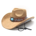 Detail of western cowboy hat with floral embroidery band and turquoise accent - M (56-58cm) / Camel