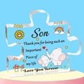 Detail of puzzle-shaped acrylic plaque with cartoon elephant and message for son - Son Cartoon Style (Q30)