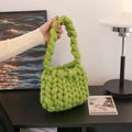 Handmade green chunky yarn crochet handbag with unique woven texture and top handle - Avocado Green