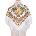 Detail view of white ethnic scarf featuring large floral print and long white tassels - White & Yellow Floral