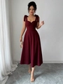Vestido midi elegante rojo vino con tirantes de lazo y escote de corazón - S / Bottoms / Burdeos