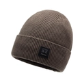 Men's winter knit beanie in dark coffee brown with fleece lining and logo patch - One Size / Khaki