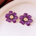 Close-up of vintage purple flower earrings with enamel texture and golden rose center - Silver Pin Gold Base (Purple Flower) / Purple