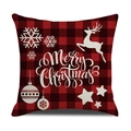 Linen Christmas pillow case with red and black plaid pattern and white reindeer print - Red Black Plaid Leaping Reindeer/22YM13-18