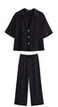 Zweiteiliges schwarzes Sommer-Set mit strukturierter Revers-Kurzarmbluse und weiter Hose - XS / Set mit schwarzen Zirkonia