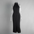 Detail view of black sleeveless maxi dress featuring a shirt collar and front button closure - S / Black