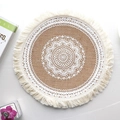 Handwoven round jute placemat with white lace pattern and decorative fringe tassels - Type C White Tassel