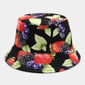 Detailed close-up of colorful berry print on black reversible cotton bucket hat fabric - Black Base Berry Print (22# Color)